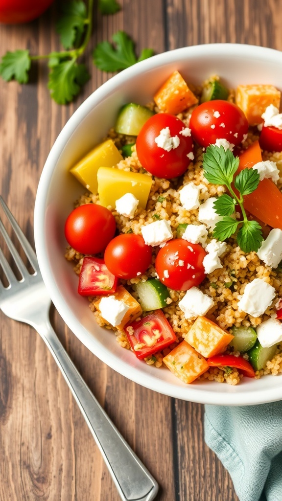 A healthy quinoa bowl with vegetables and feta cheese on a wooden table.